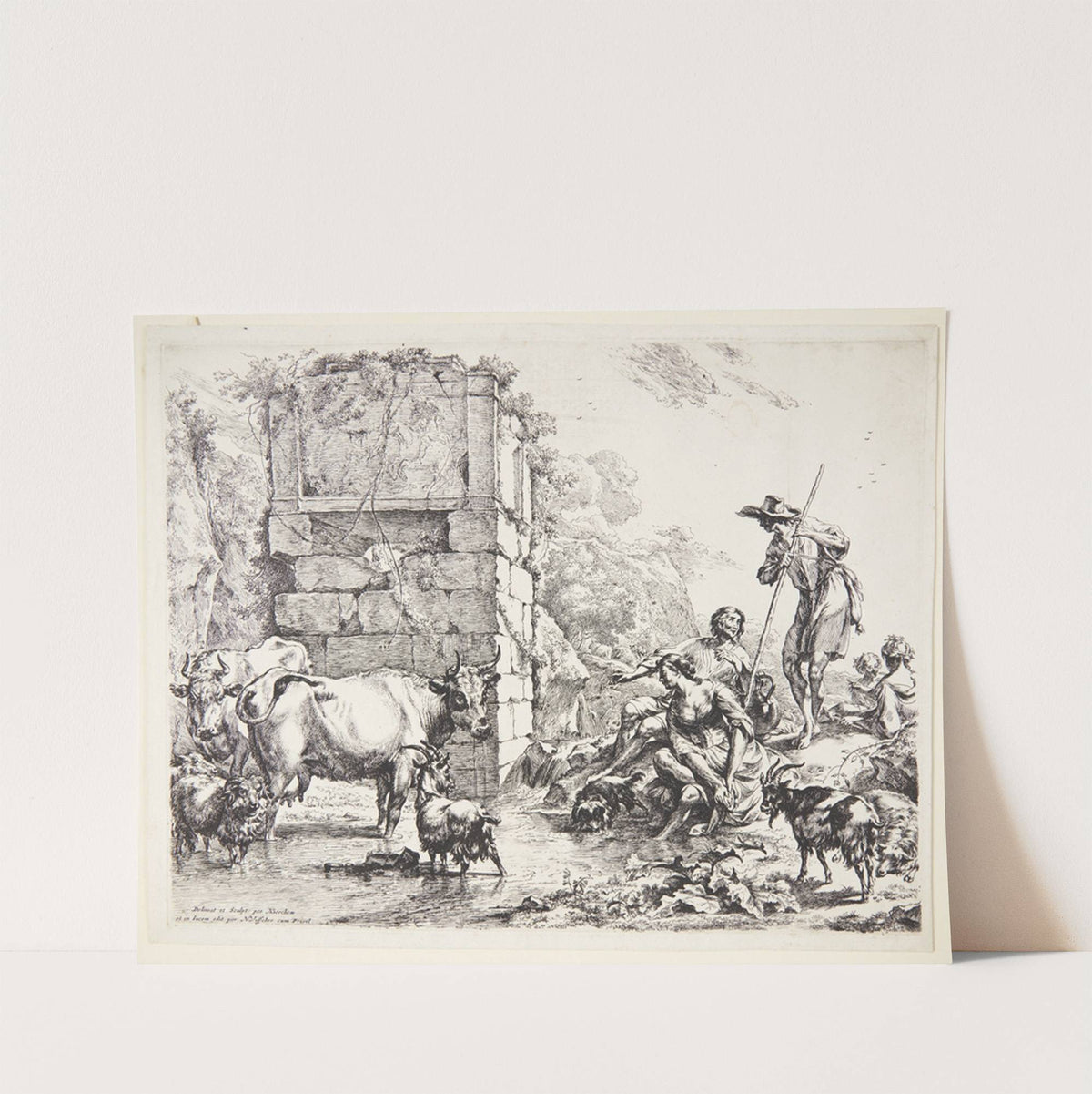 En hyrde vander sine dyr ved en tilgroet ruin by Nicolaes Pietersz. Berchem