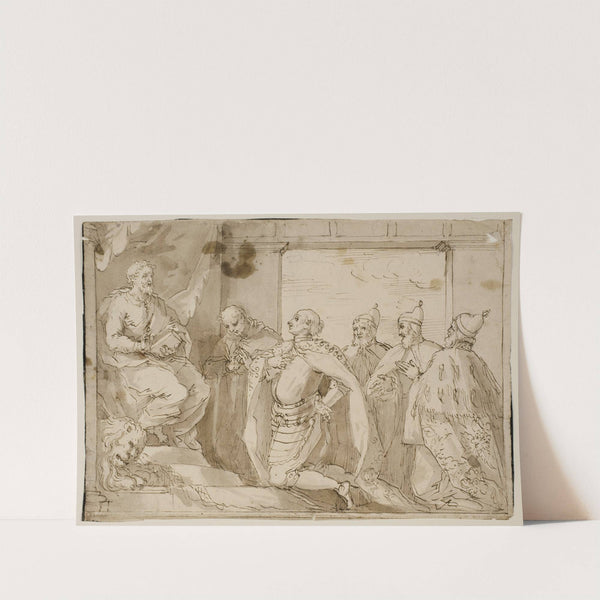 En kriger med brystpanser, en kappeklædt mand og tre doger knælende for den tronende Skt Markus by Antonio Aliense