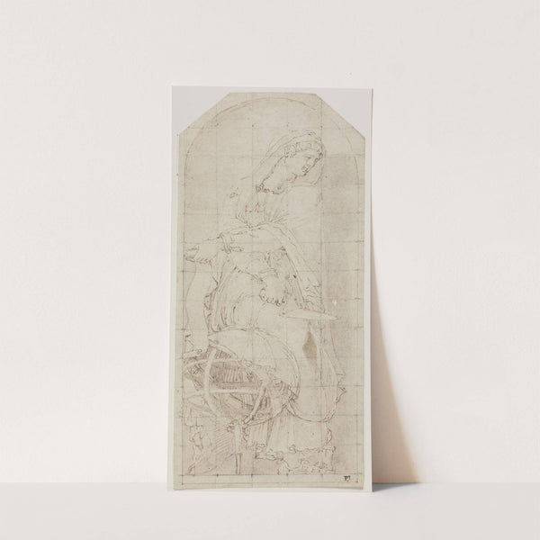 En kvinde med et skriftbånd i venstre og en murske i højre hånd, lænende sig til en himmelglobus by Giovanni Battista Bertani