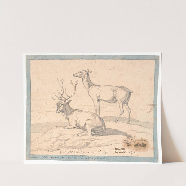 En liggende hjort og en stående hind by Johan Thomas Lundbye