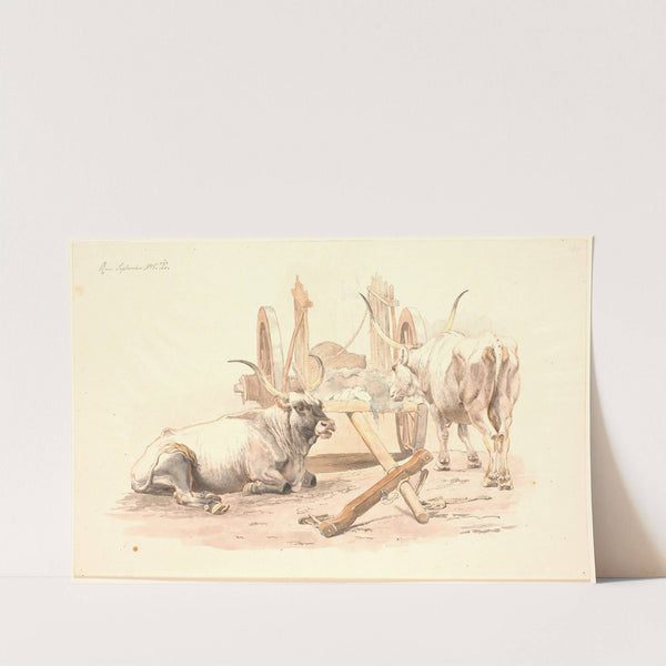 En liggende og en stående okse ved deres kærre by Johan Thomas Lundbye