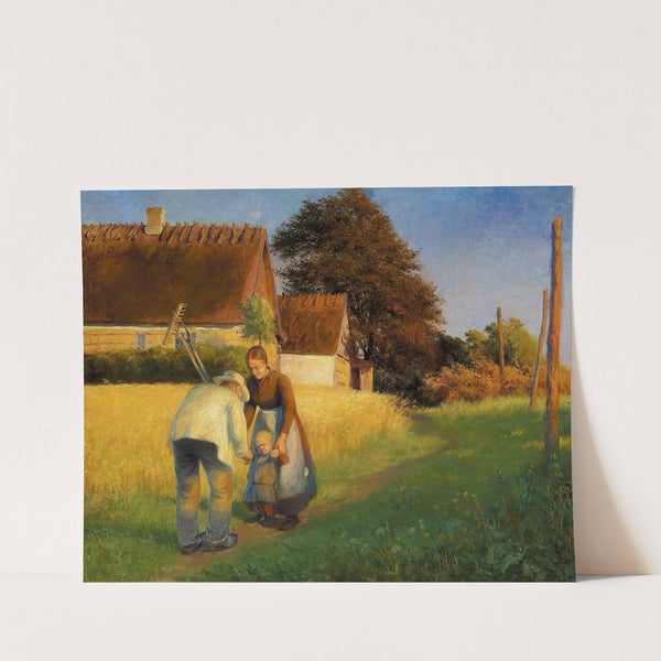 En lille pige hilser på en hjemvendende høstarbejder by Cilius Andersen