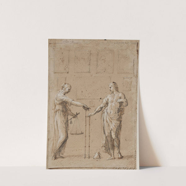 En mand og en kvinde i antikke dragter, hver med en vægt og en lineal, stående foran en væg med malerier På gulvet foran manden ligger en pung by Giovanni Angelo Canini