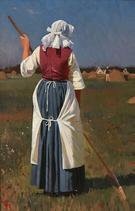 En rygvendt bondekone, der arbejder i solen