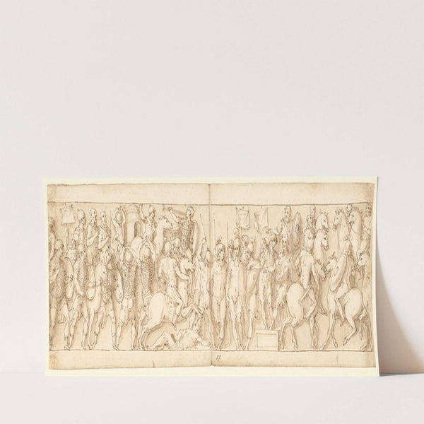 En sarmatisk landsby ødelægges for øjnene af kejseren; barbarer ser til fra et podium; Marcus Aurelius til hest modtager en germansk rytter med en meddelelse by Giovanni Guerra