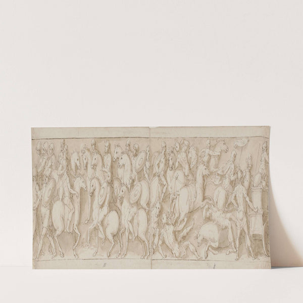 En soldat; germanske ryttere føres til Marcus Aurelius på hesteryg; sarmaterne drives på flugt af romere; påbegyndelsen af en romersk march med dets følge by Giovanni Guerra