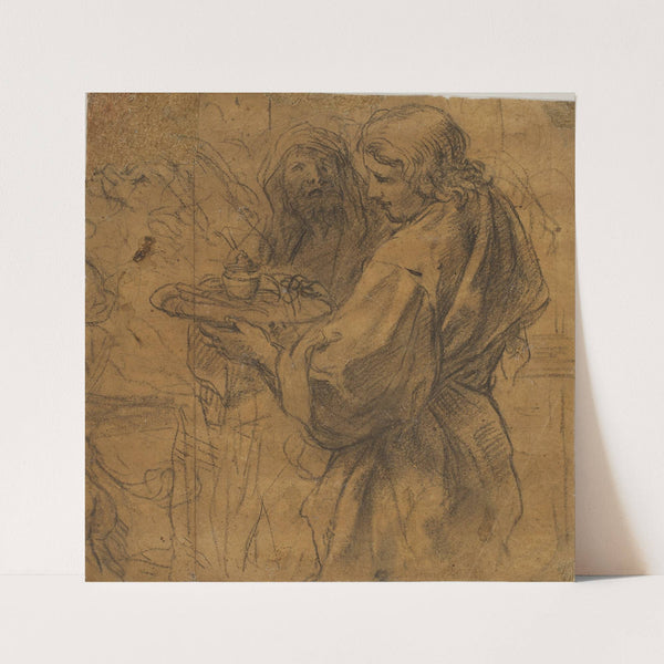 En ung mand med en bakke og bag ham en ældre mand med draperet hoved by Girolamo Troppa