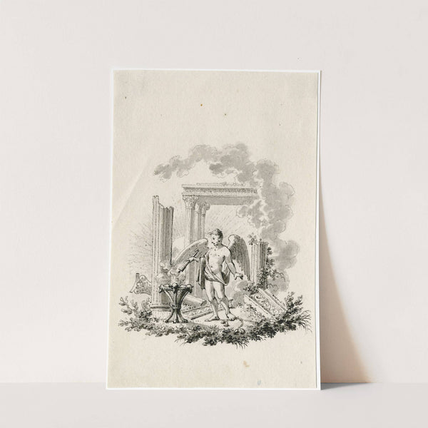 Engel met fakkel voor een Ruïneuze 'Tempel der Vrijheid' by Reinier Vinkeles