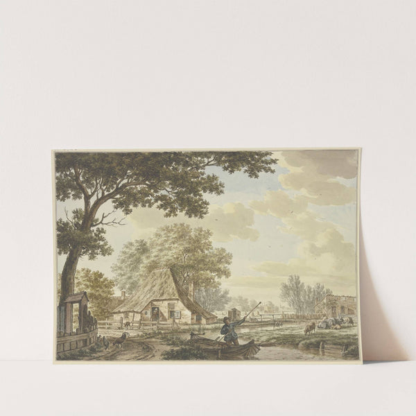 Enger Kanal bei einem Dorf, darauf ein Mann in einem Kahn, rechts Vieh, links Hühner by Jacob Cats