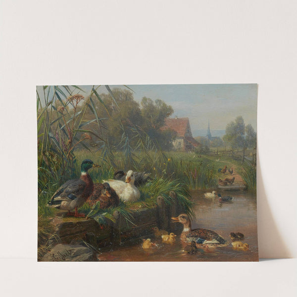Enten und Geflügel an einem Wasserteich mit einem Gehöft im Hintergrund by Carl Jutz The Elder