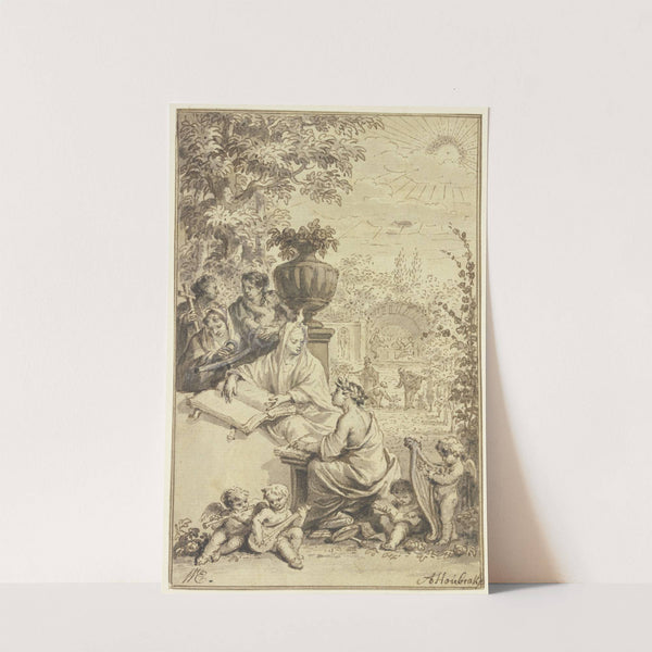 Entwurf für ein Titelblatt; Klio mit schreibendem Jüngling by Arnold Houbraken