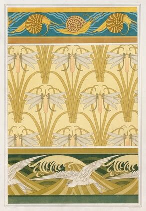 Escargots, bordure. Libellule et roseaux, papier peint. Mouettes, bordure. (1897)