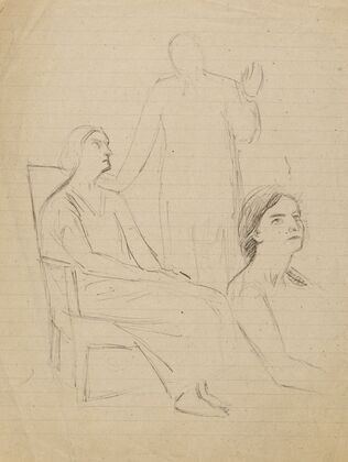 Etude avec trois personnages dont une femme assise à gauche