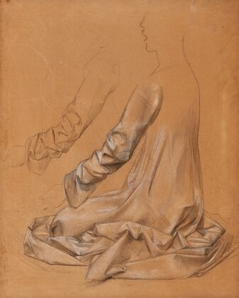 Etude de drapé sur un personnage de trois-quarts de dos, en tailleur, et étude d’une manche