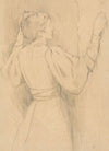 Etude de femme en costume moderne, les bras levés