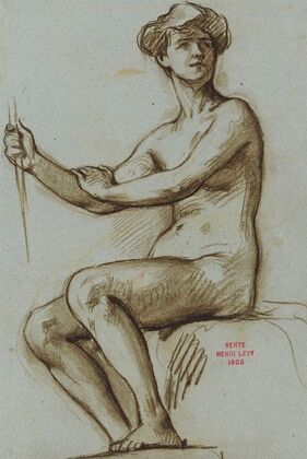 Etude de jeune femme assise tenant un objet dans la main droite