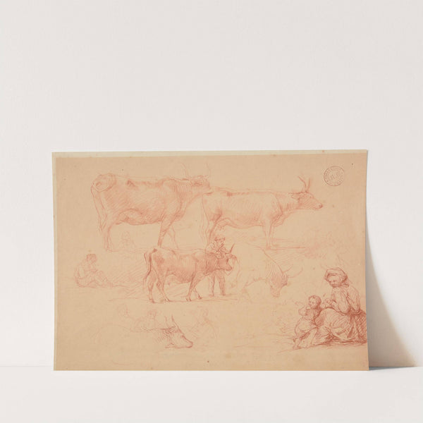 Études de jeune garçon appuyé sur un bœuf, de bœufs et de femme avec enfant by Jacques-Raymond Brascassat