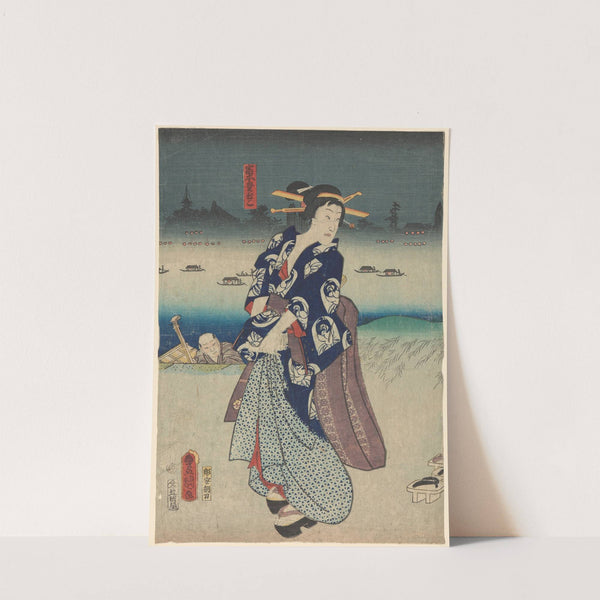 Evening; Woman in Blue Kimono on Roof by Toyokuni Utagawa