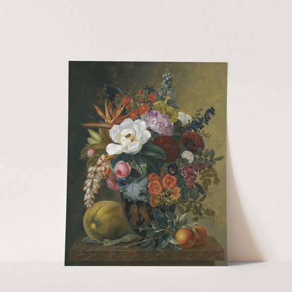 Exotic blooms in a Grecian krater with fruit on a marble ledge by Johan Laurentz Jensen