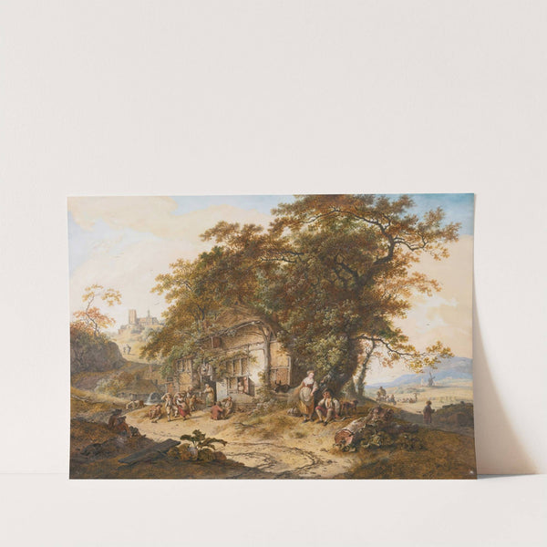 Extensive Landscape With Peasants Resting Before A Tavern, Others Harvesting In The Distance, And A Church On A Hill Behind by Hendrik Meijer