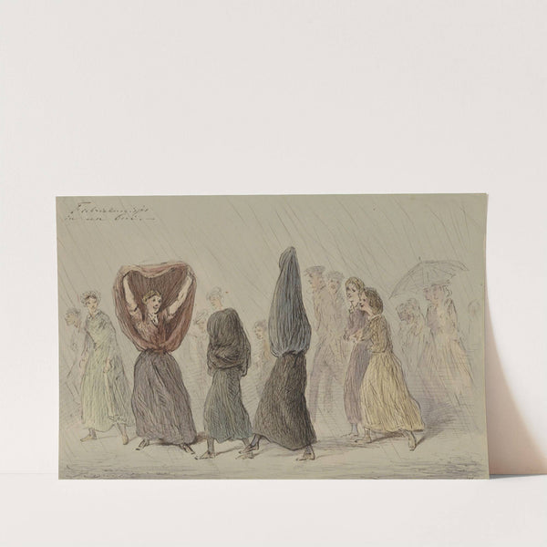 Fabrieksmeisjes in een regenbui by Alexander Ver Huell