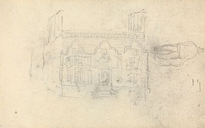 Facade of a House and Sketch of a Man With a Cane