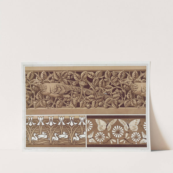 Faisan et ronces, bois sculpté à jour. Papillons et libellules, marqueterie. Canards et iris, pochoir. by Maurice Pillard Verneuil