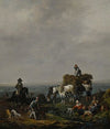 Falconers on a path with harvesters loading hay onto a wagon nearby, a valley beyond, at dusk