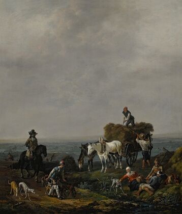 Falconers on a path with harvesters loading hay onto a wagon nearby, a valley beyond, at dusk