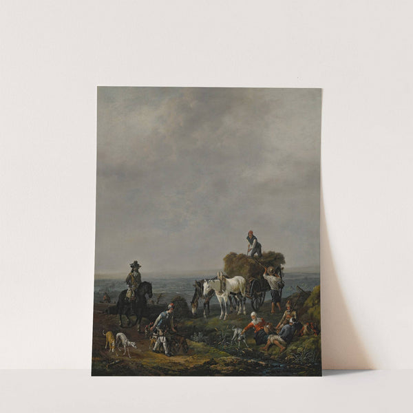 Falconers on a path with harvesters loading hay onto a wagon nearby, a valley beyond, at dusk by Johannes Lingelbach