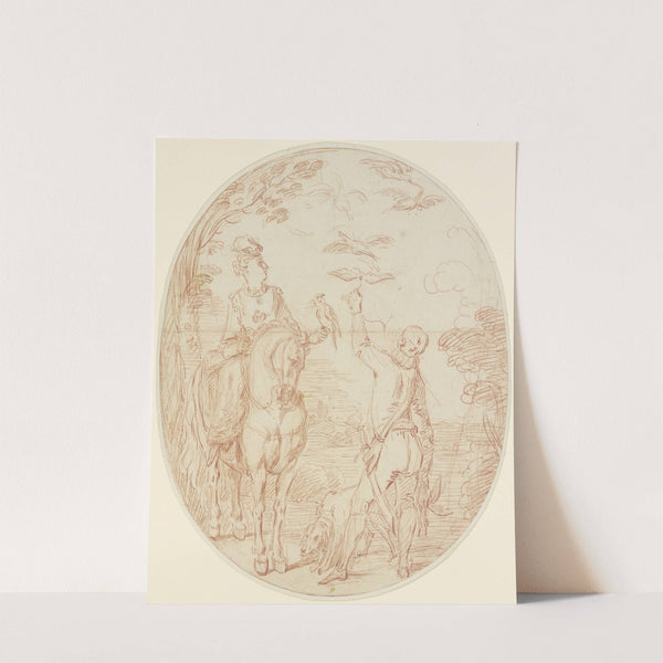 Falkenjägerin zu Pferde mit einem Diener zu Fuß by Charles Parrocel