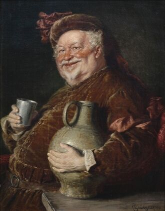 Falstaff at the table with a wine jug and pewter cup (1910)