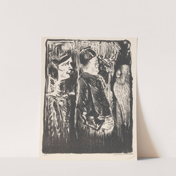 Fantasie; links twee figuren met mutsjes naar rechts, rechts een ingekraste verschijning met verenkleed by Samuel Jessurun de Mesquita