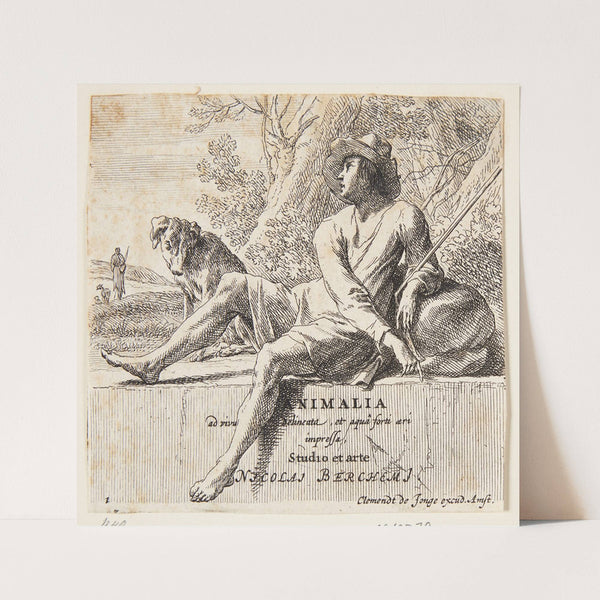 Fårehyrde siddende på en sten Titelblad til Forskellige dyr by Nicolaes Pietersz. Berchem