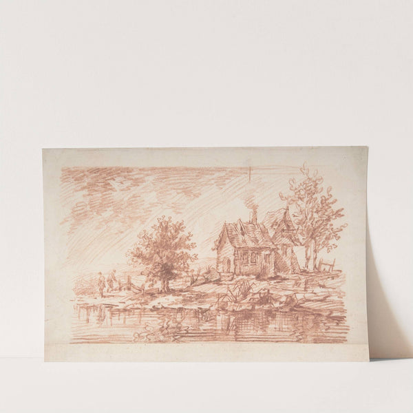 Farm House along a River, two figures at left by Jean-Antoine Watteau