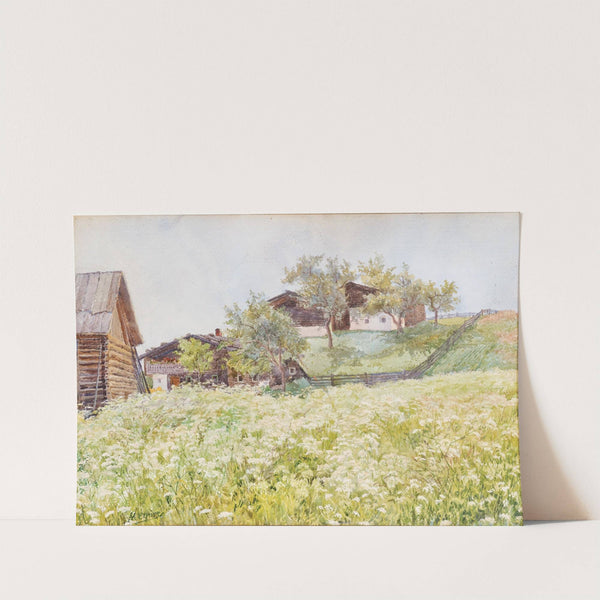 Farm houses, a white blooming field in front of it by Marie Egner
