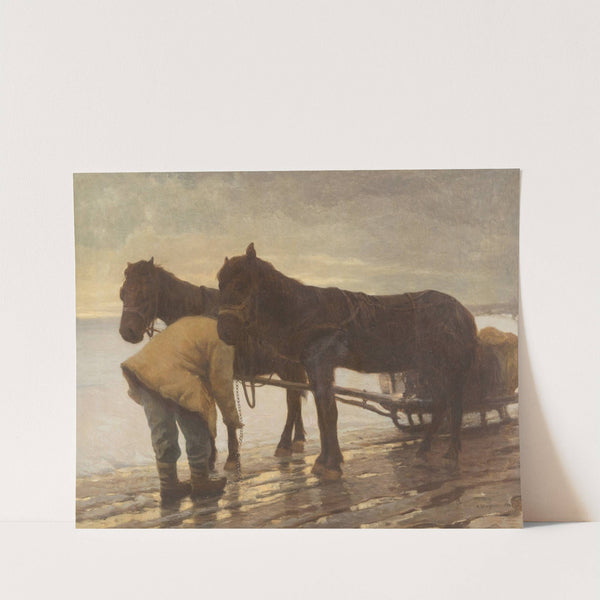 Farmer with horse carriage in winter landscape by Albert Stagura
