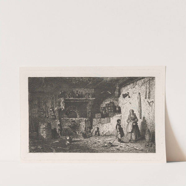 Farmhouse interior with mother and daughter near raised hearth by Charles Emile Jacque