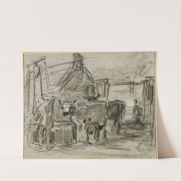 Farmyard with Man and Cattle by Constant Troyon