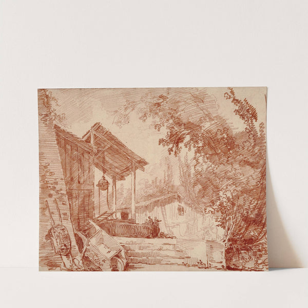 Farmyard with Two Figures by a Well and a Large Wheelbarrow in the Foreground (1760–1765) by Hubert Robert