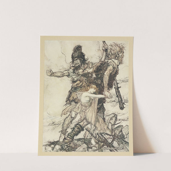 Fasolt suddenly seizes Freia and drags her to one side with Fafner (1910) by Arthur Rackham