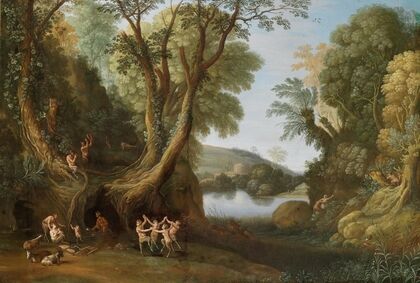 Fauns in a wooded landscape