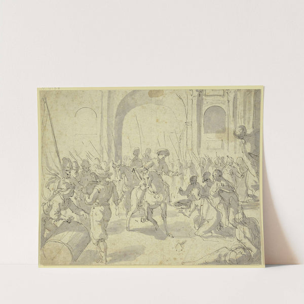 Feldherr zu Pferde empfängt die Schlüssel einer Stadt by Pietro Liberi