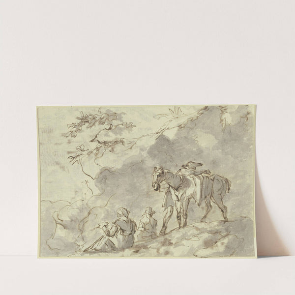 Felshang, davor ein Pferd, dem ein Reiter aufsitzen will, am Boden zwei sitzende Figuren by Johann Andreas Herrlein