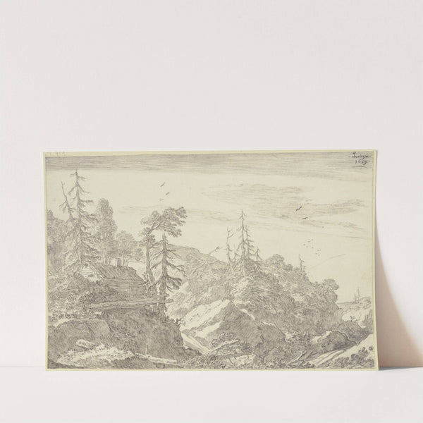 Felsige Gebirgsgegend mit Tannen, links auf einem Felsen ein Holzhaus by Pieter de Molijn