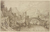 Felsiges Flußtal, im Vordergrund eine Bogenbrücke, rechts eine Stadt