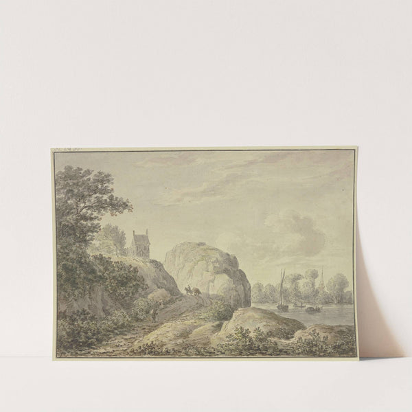 Felsiges Ufer an einem Fluß, links oben eine Kapelle by Hendrik Tavenier