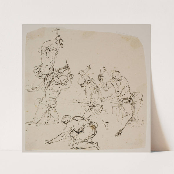 Fem studier af stenhuggere eller smede, der arbejder ved essen by Jacopo Palma il Giovane