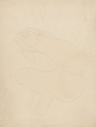Female nude, reclining on back, knees raised, hands on feet