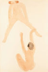 Female nude, seated, seen from rear, arms raised
